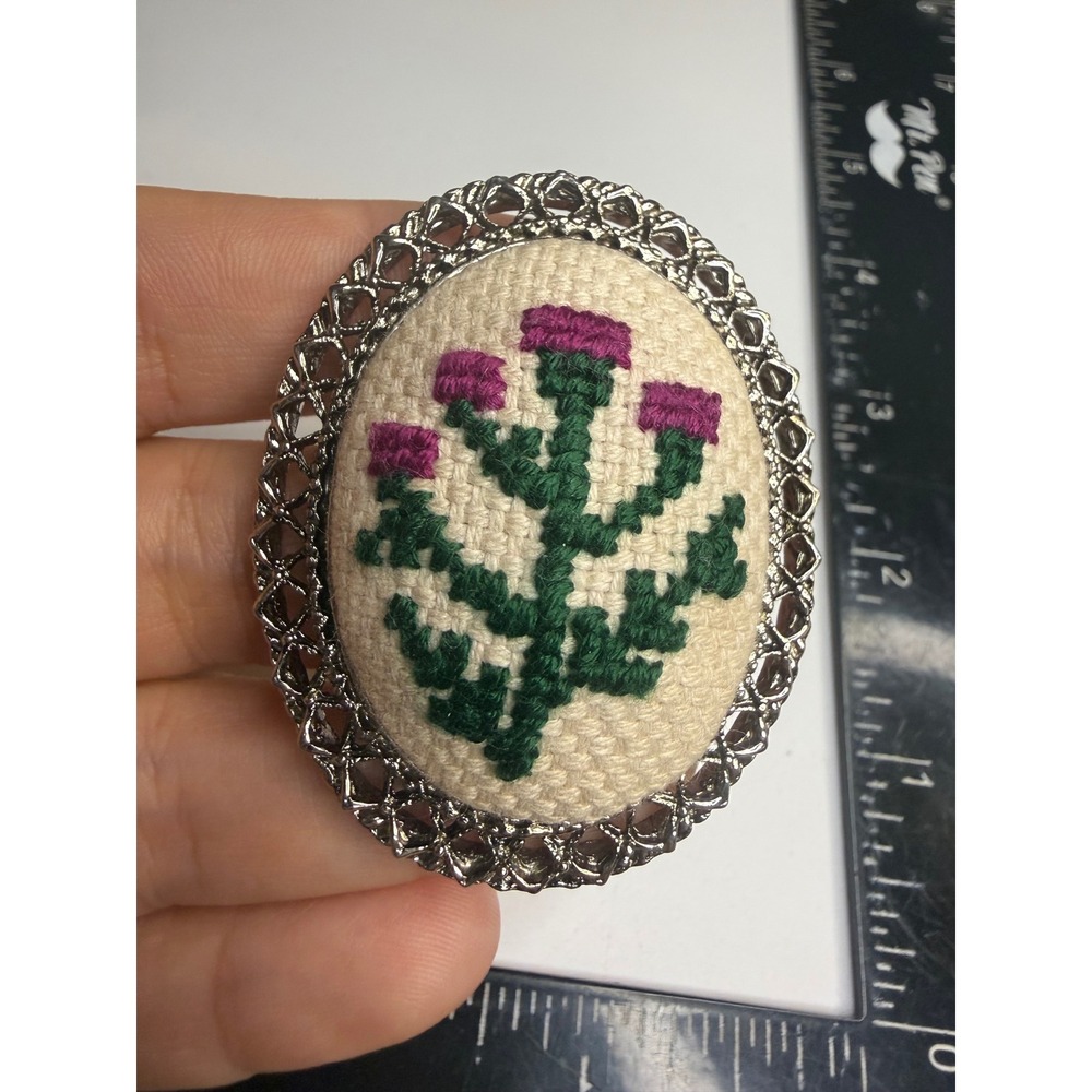 Embroidered Thistle Brooch Pendant Silver Tone Filigree Floral Needlepoint Oval